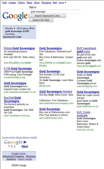 Google Sponsored Link Search Result for 'Gold Sovereign'